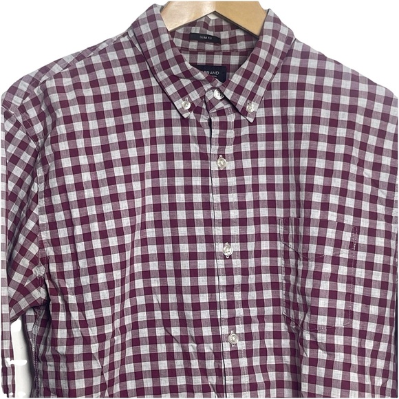 Lucky Brand Mens Shirt Large Slim Fit Burgundy White Gingham Plaid Button Front - Picture 1 of 5